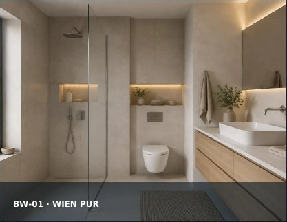 BW-01 Wien Pur – helle Badwelt in Creme, Greige, Eiche und Nickel