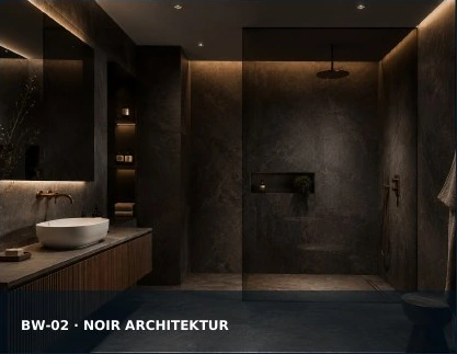 BW-02 Noir Architektur – dunkle Badwelt mit Graphit, Stein und warmem Licht
